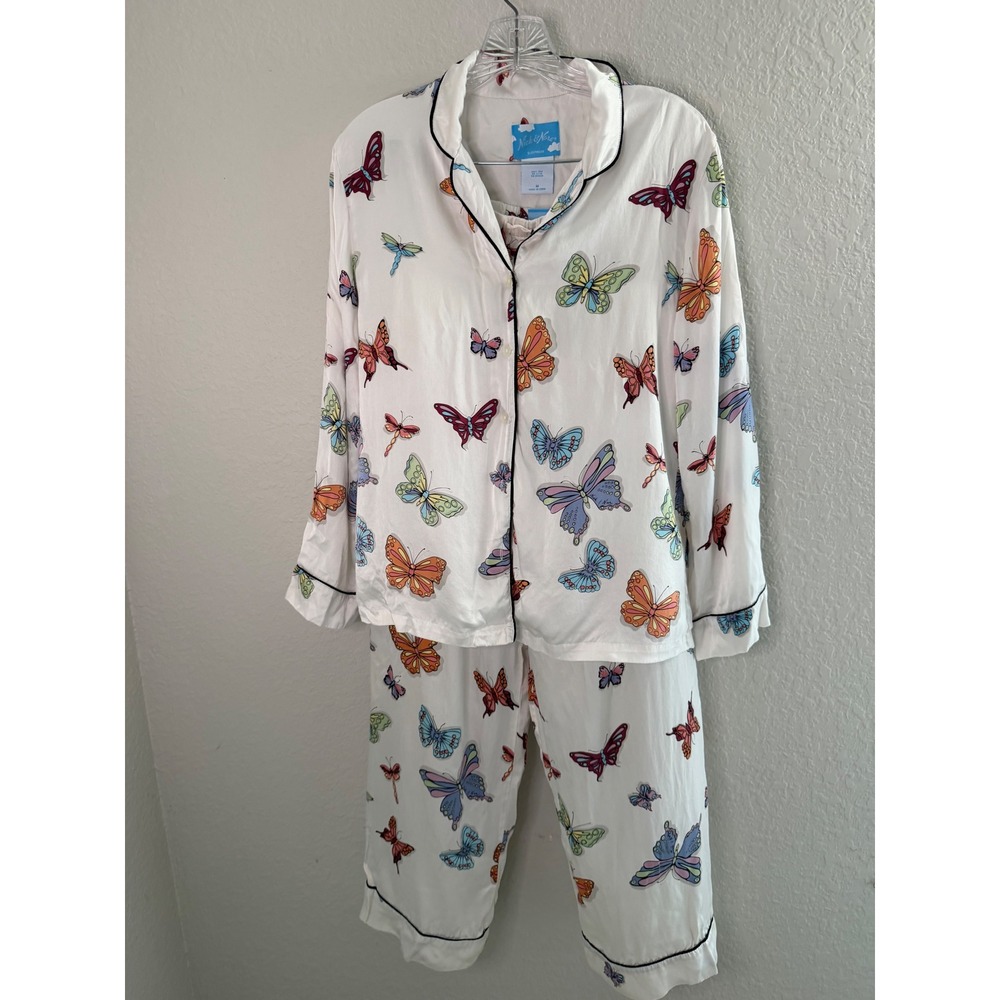 Nick & Nora 100% Silk Pajama Set M White Butterfly Dragonfly Print Sleepwear